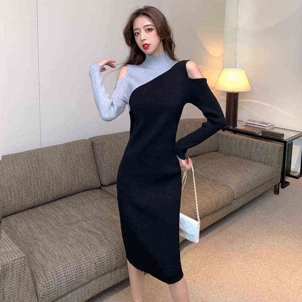 woman casual dresses 2022 spring and autumn color contrast semi high neck knitted off shoulder small black dresses little man, Black;gray
woman casual dresses 2022 spring and autumn color contrast semi high neck knitted off shoulder small black dresses little man, Black;gray