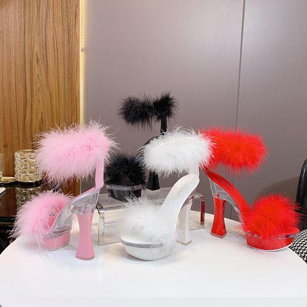 women fur super high heels summer ankle strap feather transparent waterproof platform sandals shoes, Black
women fur super high heels summer ankle strap feather transparent waterproof platform sandals shoes, Black