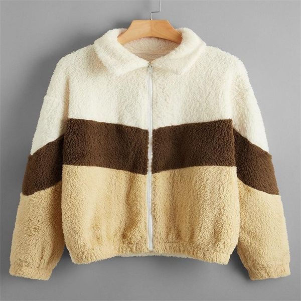 women's wool & blends autumn and winter women coat fleece lapel long sleeve jacket color block plush loose sweater zipper, Black
women's wool & blends autumn and winter women coat fleece lapel long sleeve jacket color block plush loose sweater zipper, Black