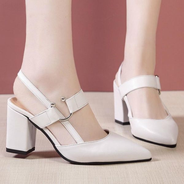 sandals 2022 summer dress party shoes pu leather high heel women's mules ladies pointed toe chunky white yellow, Black 
sandals 2022 summer dress party shoes pu leather high heel women's mules ladies pointed toe chunky white yellow, Black