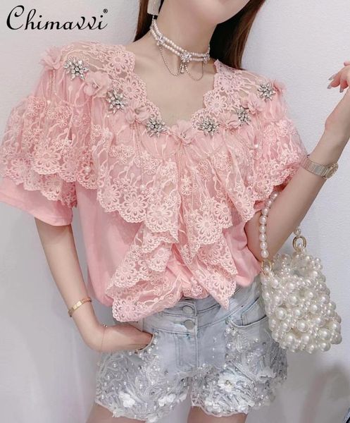 women's t-shirt sweet short-sleeved for women 2021 summer korean exquisite rhinestone lace ruffled patchwork v-neck girl's tees, White
women's t-shirt sweet short-sleeved for women 2021 summer korean exquisite rhinestone lace ruffled patchwork v-neck girl's tees, White