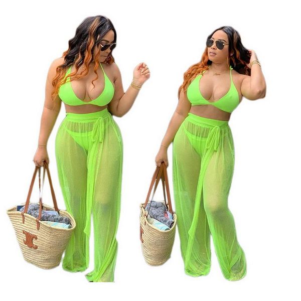 women's swimwear 2021 est women bikini mesh 3pcs summer halter neck solid lady loose wide leg pants green swimsuit set with underpants, White;black
women's swimwear 2021 est women bikini mesh 3pcs summer halter neck solid lady loose wide leg pants green swimsuit set with underpants, White;black