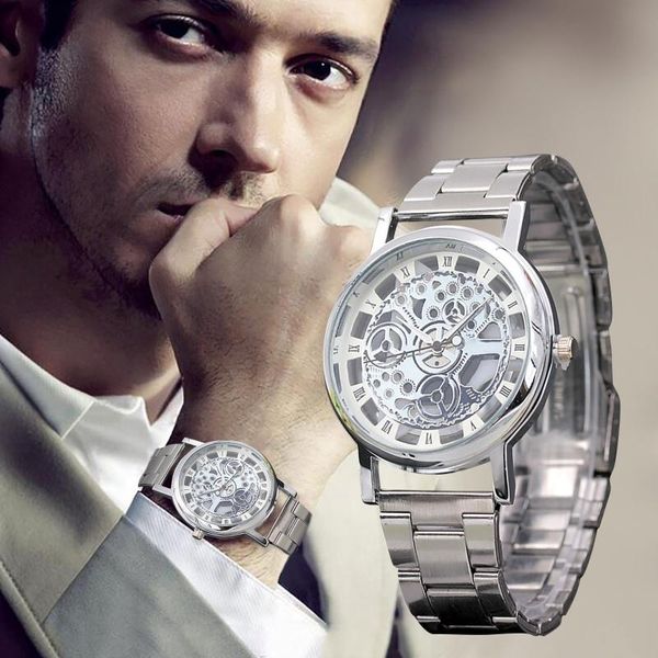 wristwatches luxury simple silver stainless steel wristwatch men watch hollow fashion temperament quartz males clock relogio masculino, Slivery;brown 
wristwatches luxury simple silver stainless steel wristwatch men watch hollow fashion temperament quartz males clock relogio masculino, Slivery;brown