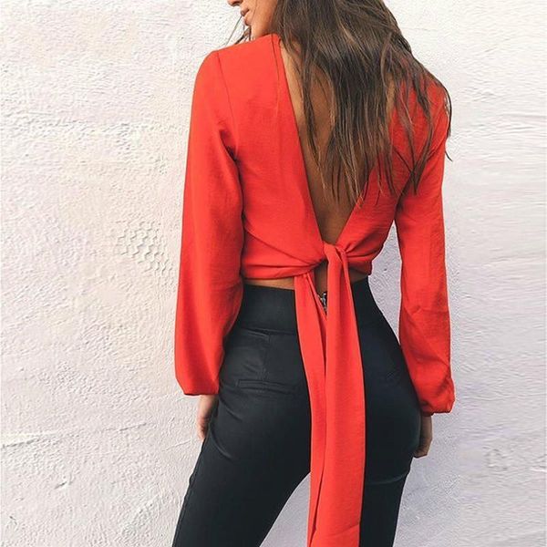 women's blouses & shirts full sleeve v neck backless bow short chiffon blouse women club party, White
women's blouses & shirts full sleeve v neck backless bow short chiffon blouse women club party, White