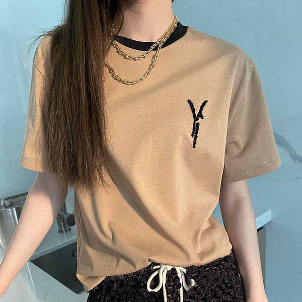 2021 fashion t shirts chaofan early summer style chest pin bead contrast round ne short sleeve women's simple, White
2021 fashion t shirts chaofan early summer style chest pin bead contrast round ne short sleeve women's simple, White