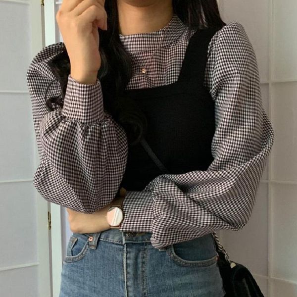women's tracksuits autumn women vintage two pieces set long sleeve plaid blouse and slim knitted crop vest korean office lady spring 2, Gray
women's tracksuits autumn women vintage two pieces set long sleeve plaid blouse and slim knitted crop vest korean office lady spring 2, Gray