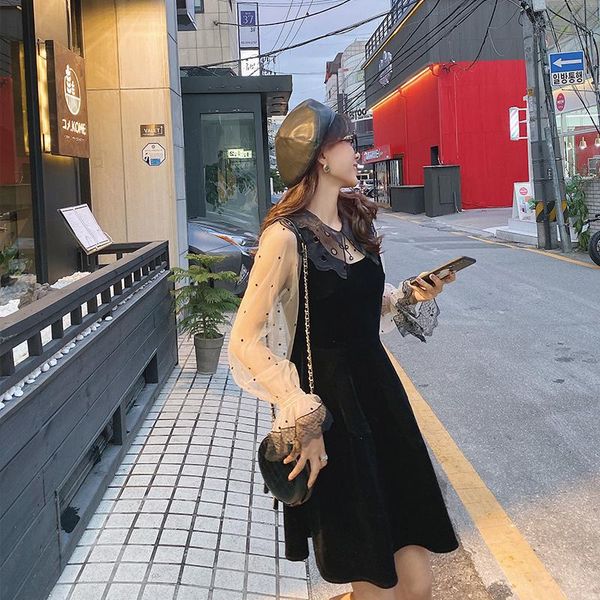 casual dresses 2021 spring women vintage mesh lace dot velvet dress female ruffle collar long sleeve slim fit mid summer vestido, Black;gray
casual dresses 2021 spring women vintage mesh lace dot velvet dress female ruffle collar long sleeve slim fit mid summer vestido, Black;gray