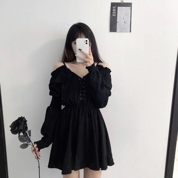 2021 autumn women dress plus size 4xl lace up black slim high waist femme dresses off shoulder long sleeve gothic clothes, Black;gray
2021 autumn women dress plus size 4xl lace up black slim high waist femme dresses off shoulder long sleeve gothic clothes, Black;gray
