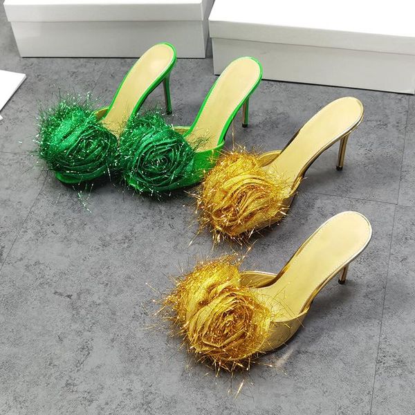 summer ladies party stiletto slippers rose flower decoration round toe high heels green gold slides, Black
summer ladies party stiletto slippers rose flower decoration round toe high heels green gold slides, Black