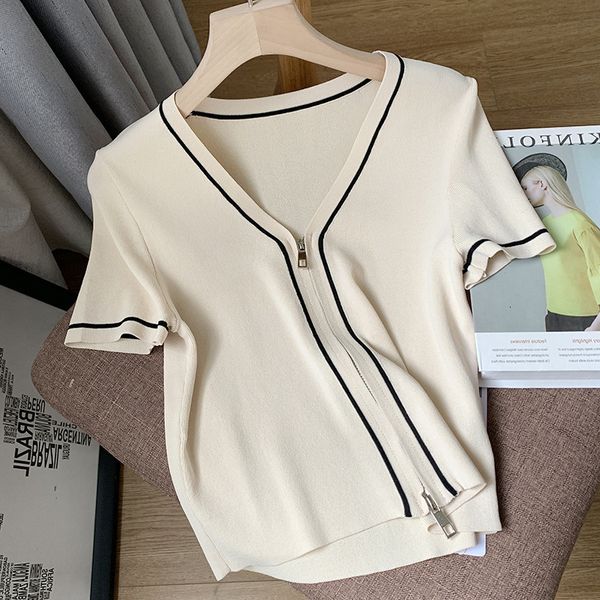 t shirt 2021 slim fit v-neck thin bottomed sweater women's short sleeve cardigan with jacket top, White
t shirt 2021 slim fit v-neck thin bottomed sweater women's short sleeve cardigan with jacket top, White