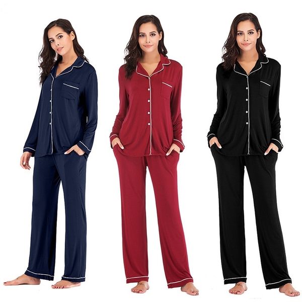 

july's song women's modal pajamas set 2 pieces sleepwear long sleeve trousers soft plus size women autumn casual homewear 210326, Black;red