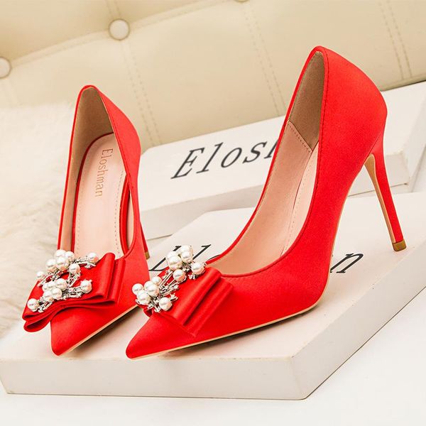 dress shoes acilici-7311 women's thin heeled silk fabrics pointed banquet pearl bow slimming red bottom high heels, Black
dress shoes acilici-7311 women's thin heeled silk fabrics pointed banquet pearl bow slimming red bottom high heels, Black