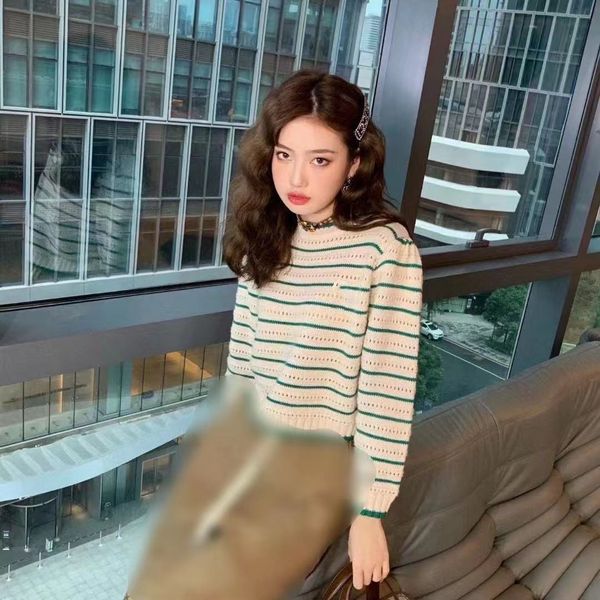 luxury design early autumn fashion g family lady's striped hollow out round neck knitted feminine style, White
luxury design early autumn fashion g family lady's striped hollow out round neck knitted feminine style, White