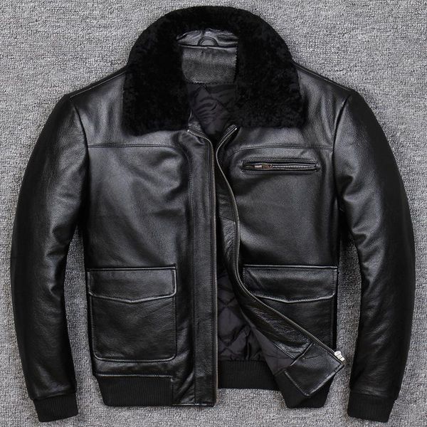 men's leather & faux genuine jacket men autumn winter sheepskin coat pilot bomber wool collar short real 818 kj1338, Black
men's leather & faux genuine jacket men autumn winter sheepskin coat pilot bomber wool collar short real 818 kj1338, Black