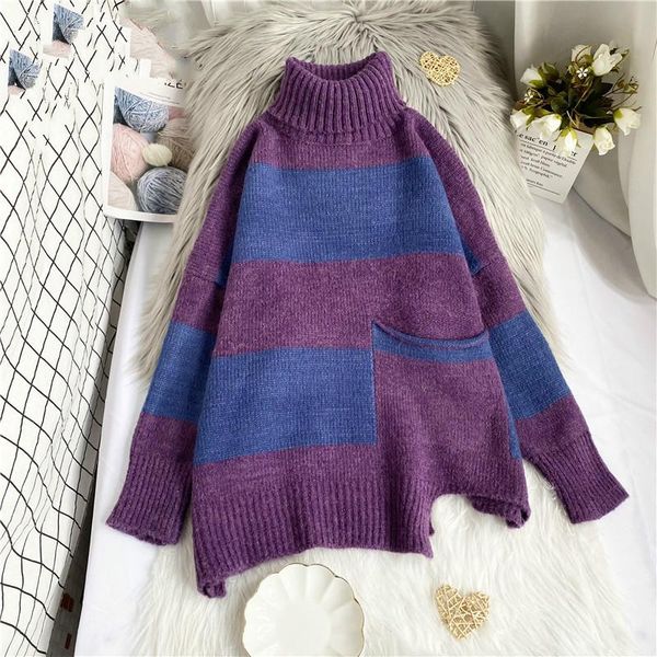 women turtleneck sweaters irregular hem pull jumpers wide striped chic harajuku knitted sweater femme women's, White;black
women turtleneck sweaters irregular hem pull jumpers wide striped chic harajuku knitted sweater femme women's, White;black