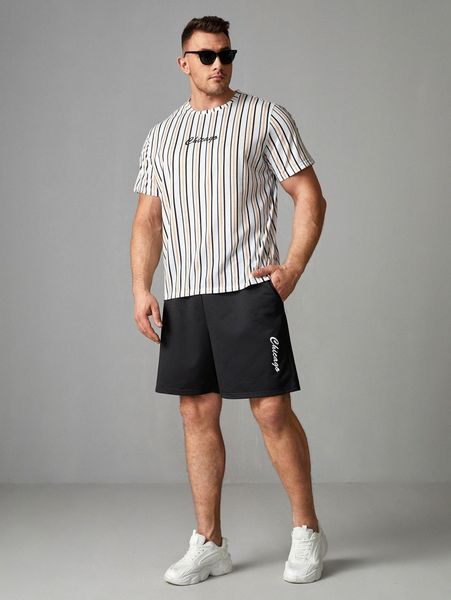 extended sizes men letter graphic block striped tee & drawstring waist shorts t947#, Gray
extended sizes men letter graphic block striped tee & drawstring waist shorts t947#, Gray