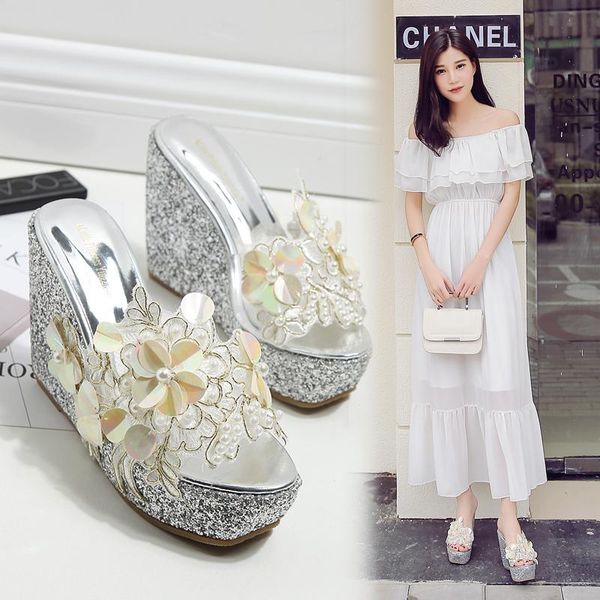 slippers fashion korean version of the lace pearl wedge sandals custom sequins non-slip thick-soled super high-heeled slippers., Black
slippers fashion korean version of the lace pearl wedge sandals custom sequins non-slip thick-soled super high-heeled slippers., Black
