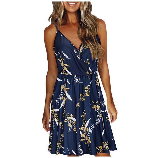 casual dresses #l5 women summer dress 2021 v-neck strap printing for backless swing beach vestidos mujer, Black;gray