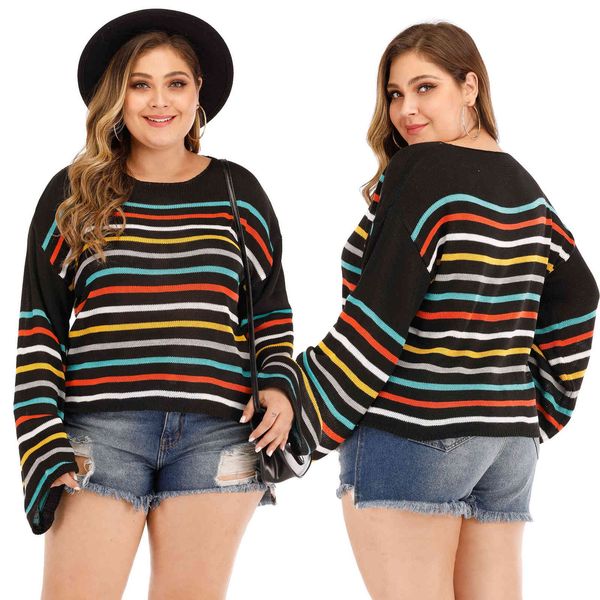 women's plus size large color stripe mixed stitching loose flared sleeve casual sweater 1439
women's plus size large color stripe mixed stitching loose flared sleeve casual sweater 1439