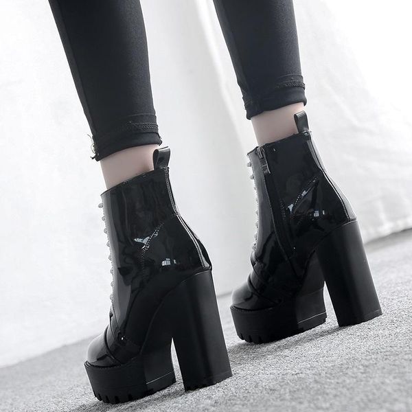 boots and winter patent leather autumn short waterproof platform thick heel tube dance women's middle, Black
boots and winter patent leather autumn short waterproof platform thick heel tube dance women's middle, Black