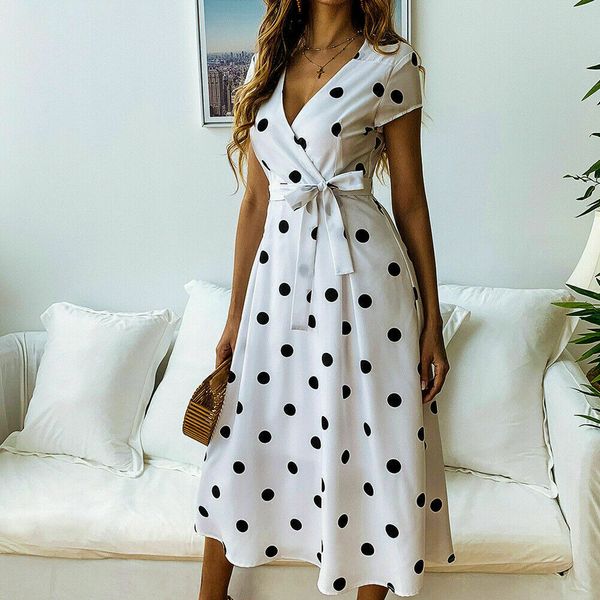 women polka dot high split dress summer v-neck beach boho dress short sleeve sashes maxi long dresses, Black;white
women polka dot high split dress summer v-neck beach boho dress short sleeve sashes maxi long dresses, Black;white