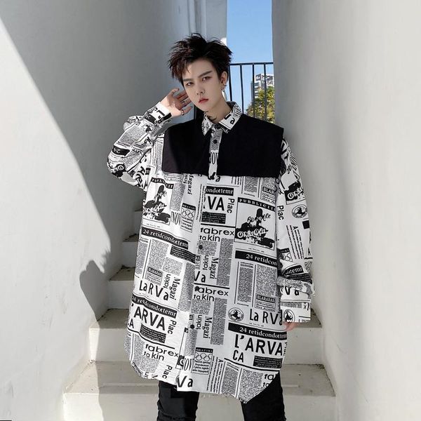 men's casual shirts korea men shawl decoration spaper print long sleeve male loose spring autumn blusas mens shirt dress, White;black
men's casual shirts korea men shawl decoration spaper print long sleeve male loose spring autumn blusas mens shirt dress, White;black