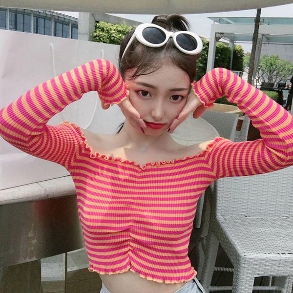 women's t-shirt women off shoulder striped tees knitted tight slash neck navel exposed long-sleeved knitting, White
women's t-shirt women off shoulder striped tees knitted tight slash neck navel exposed long-sleeved knitting, White
