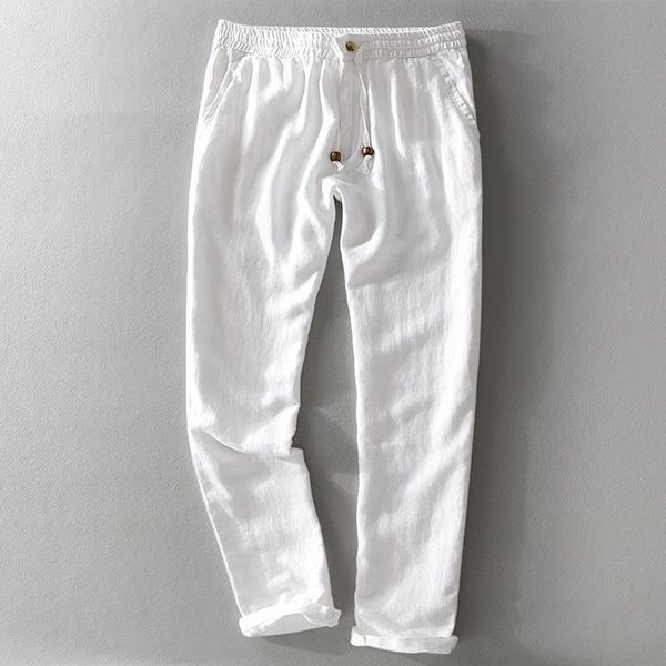 elastic waist beach linen casual pants men's straight thin cotton, Black