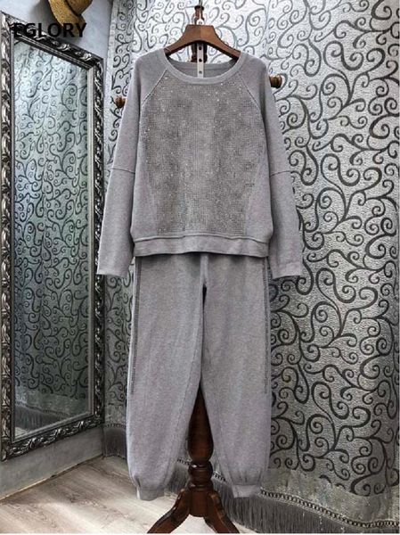 women's tracksuits sweater sets 2021 autumn winter casual knitwear women crystal beading knitted pullovers+grey black knit pant, Gray
women's tracksuits sweater sets 2021 autumn winter casual knitwear women crystal beading knitted pullovers+grey black knit pant, Gray
