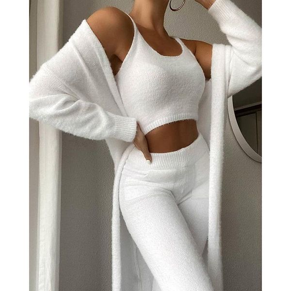 women's two piece pants autumn three trousers solid color knitted short suspenders long cardigan jacket elastic waist, White
women's two piece pants autumn three trousers solid color knitted short suspenders long cardigan jacket elastic waist, White