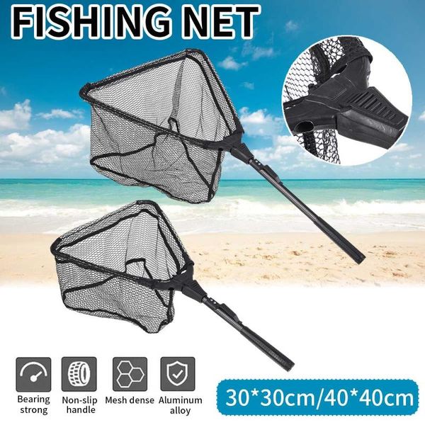 foldable fishing net triangle retractable landing pole handle durable mesh 2 size outdoor accessories