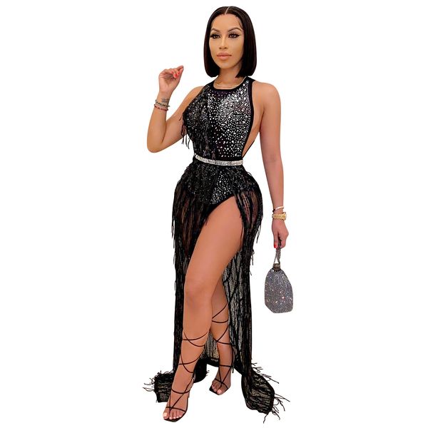 women mesh crystal gown high slit dress elegant sleeveless feather patchwork chirstmas party outfits, Black;gray
women mesh crystal gown high slit dress elegant sleeveless feather patchwork chirstmas party outfits, Black;gray