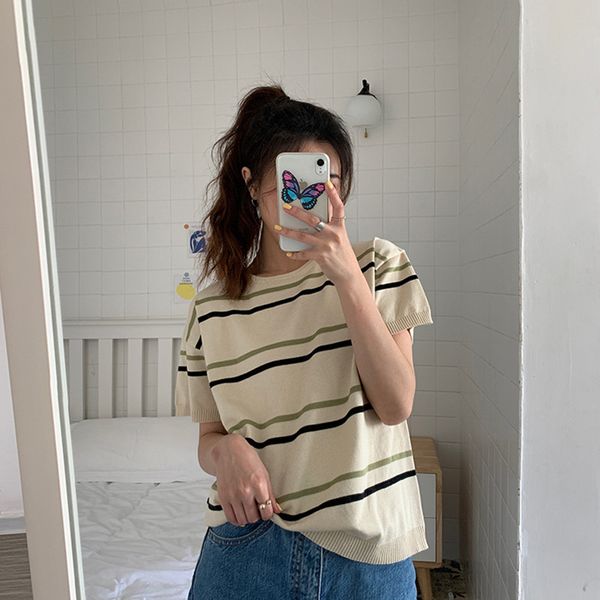 2 colors spring and summer korean style stripe thin short sleeve knitted t shirts womens tee shirt femme (f6668), White
2 colors spring and summer korean style stripe thin short sleeve knitted t shirts womens tee shirt femme (f6668), White