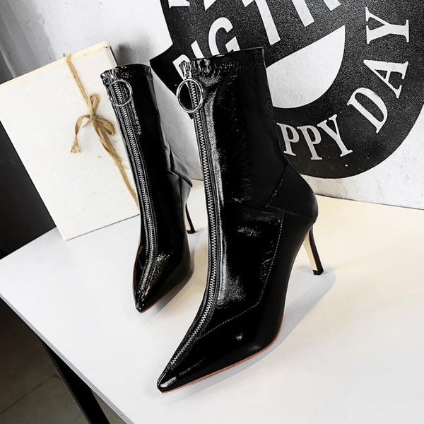 boots women's slim stiletto high heels shiny patent leather front zipper thin short ladies women, Black
boots women's slim stiletto high heels shiny patent leather front zipper thin short ladies women, Black