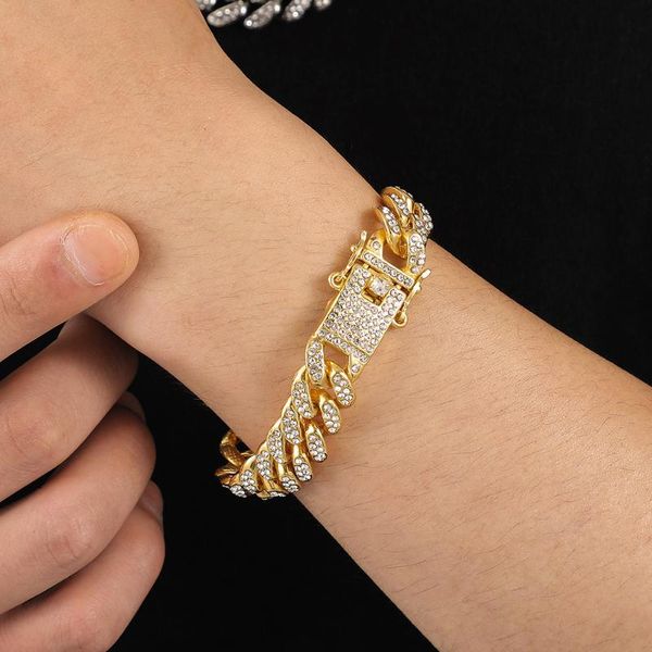 link, chain trendy golden hip hop rock 12mm full rhinestone box buckle men's bracelet fashion cuban, Black
link, chain trendy golden hip hop rock 12mm full rhinestone box buckle men's bracelet fashion cuban, Black
