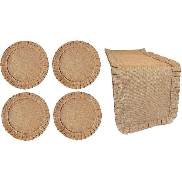 mats & pads rustic farmhouse burlap set. natural jute. ruffled design(1 table runner in 72 long + 4 placemats 15 diameter)
mats & pads rustic farmhouse burlap set. natural jute. ruffled design(1 table runner in 72 long + 4 placemats 15 diameter)