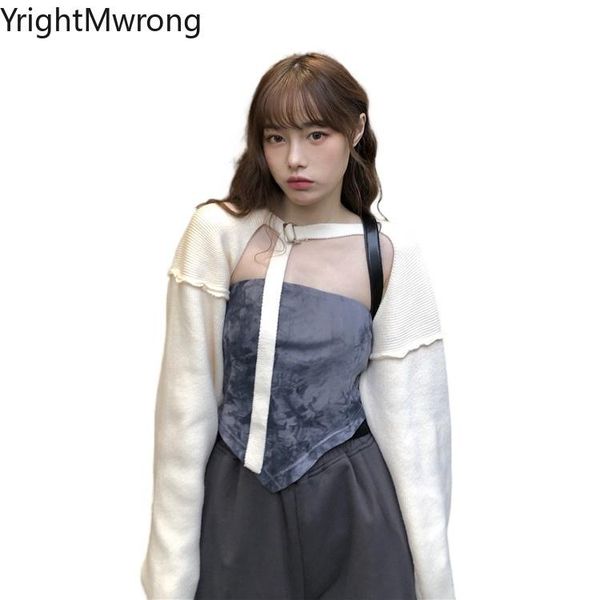 women's t-shirt matching set cut hollow knit cloak jumper outfit tie dye triangle assymmetric tube two piece women streetwear tee, White
women's t-shirt matching set cut hollow knit cloak jumper outfit tie dye triangle assymmetric tube two piece women streetwear tee, White