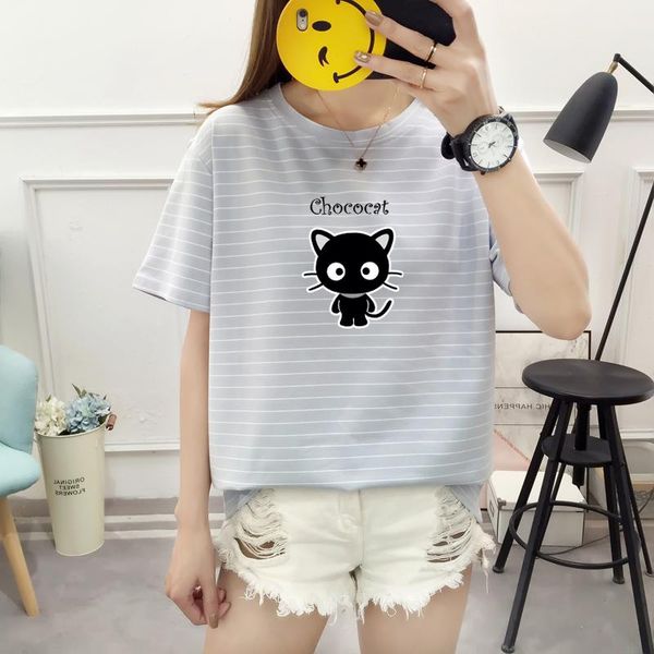 women's t-shirt summer kawaii black cat print female korean cotton sweet short-sleeved tees round neck striped pullover, White
women's t-shirt summer kawaii black cat print female korean cotton sweet short-sleeved tees round neck striped pullover, White