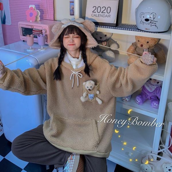 women's hoodies & sweatshirts long sleeve casual coat bear hooded pullover soft sister student loose wild preppy style japanese winter, Black
women's hoodies & sweatshirts long sleeve casual coat bear hooded pullover soft sister student loose wild preppy style japanese winter, Black