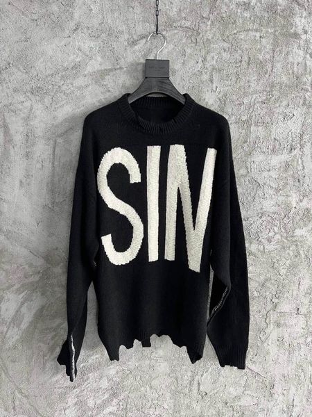 men's sweaters men embroidery sin round neck distressed black sweater oversize fit, White;black
men's sweaters men embroidery sin round neck distressed black sweater oversize fit, White;black
