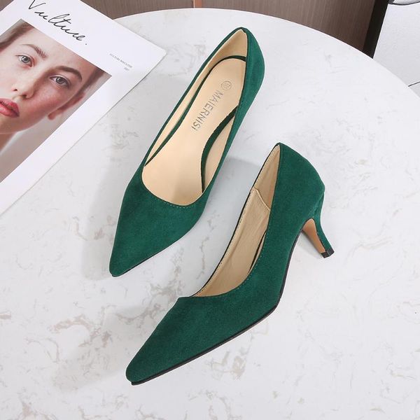 

dress shoes 5cm mid high heels office ladies soft flock kitten female pumps size 46 concise comfortable work women green, Black