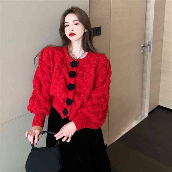 flower button bubble sleeve womens sweater red spring short cardigan, White;black
flower button bubble sleeve womens sweater red spring short cardigan, White;black