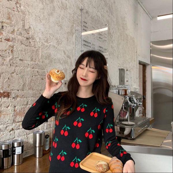 women cherry sweater vintage pullover female knitted jumper autumn oversize casual ladies overalls drop high quality, White;black
women cherry sweater vintage pullover female knitted jumper autumn oversize casual ladies overalls drop high quality, White;black