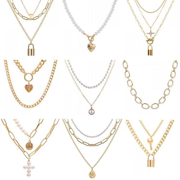 pendant necklaces fnio punk link chain necklace choker for women steampunk multi layered star lock statement jewelry, Silver 
pendant necklaces fnio punk link chain necklace choker for women steampunk multi layered star lock statement jewelry, Silver