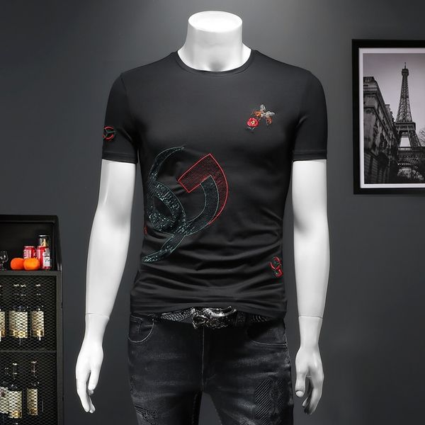 european and american style 2023 summer cotton men's personality letter embroidery short-sleeved t-shirt korean version slim printing, White;black
european and american style 2023 summer cotton men's personality letter embroidery short-sleeved t-shirt korean version slim printing, White;black