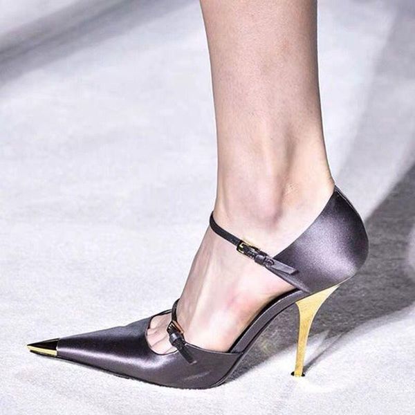 dress shoes woman pointed toe pumps gold color heel female thin high ankle buckle strap mujer spring autumn, Black 
dress shoes woman pointed toe pumps gold color heel female thin high ankle buckle strap mujer spring autumn, Black