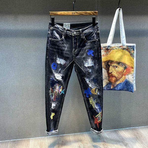 men's jeans fashion streetwear men elastic cotton embroidery designer slim ripped denim punk pencil pants patch hip hop trousers n, Blue
men's jeans fashion streetwear men elastic cotton embroidery designer slim ripped denim punk pencil pants patch hip hop trousers n, Blue