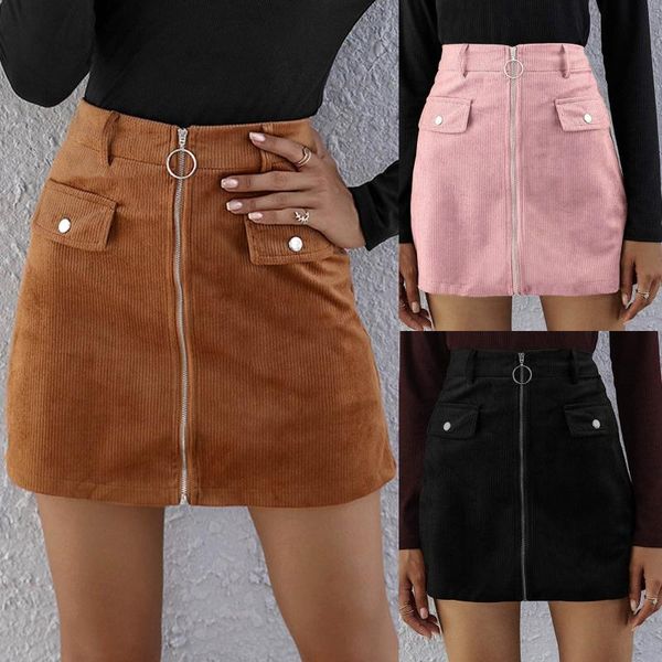 women solid corduroy zipper high waist skirt casual short mini office commute hip spódnica biodrowa skirts, Black
women solid corduroy zipper high waist skirt casual short mini office commute hip spódnica biodrowa skirts, Black