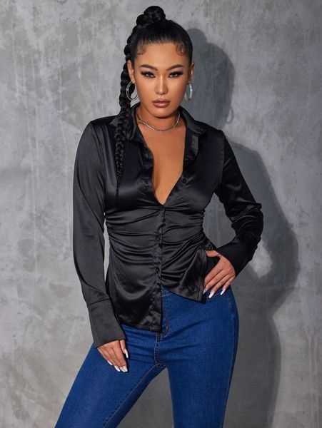 sxy solid button front satin blouse s09x#, White 
sxy solid button front satin blouse s09x#, White