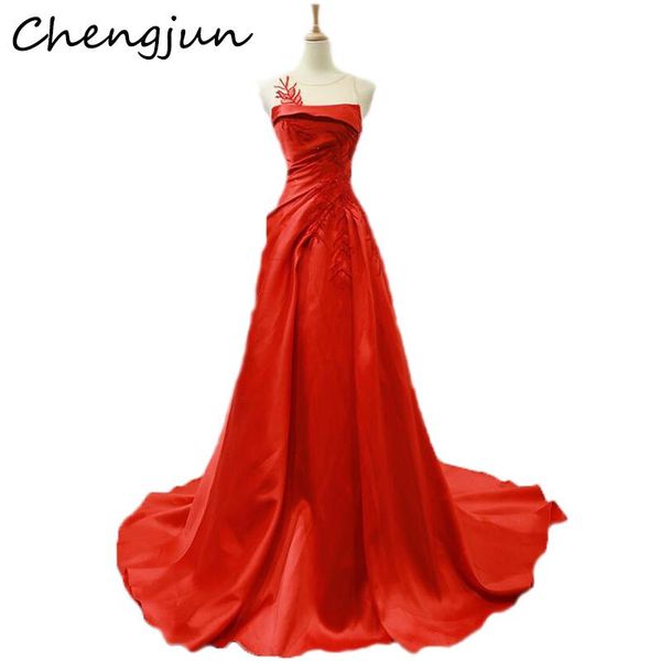 party dresses chengjun illusion neckline women elegant red satin long evening, White;black